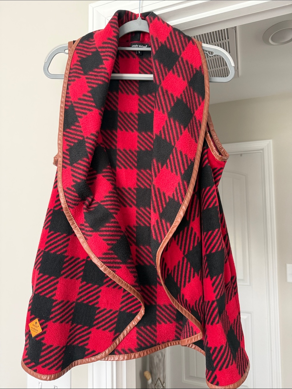 Red & Black Buffalo Plaid Draped Vest with Brown Trim